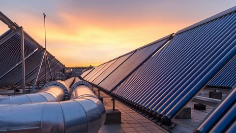 Solar pannels in city, timelapse sunset Video stock 77928984