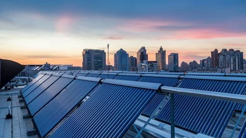Solar pannels in city, timelapse sunset Stock Footage 77929203