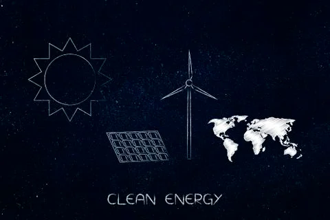 Solar power panel and wind turbine next to sun and world map Ilustração Stock