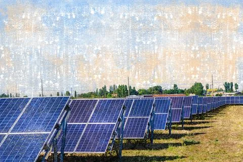 Solar power plant in the field. Rectangular solar panels for energy recycling Stock Photos