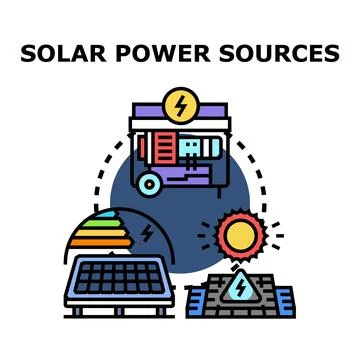 Solar power sources generating renewable energy electricity Stock Illustration