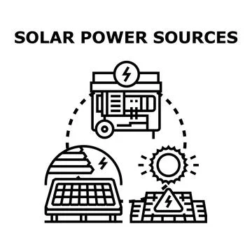 Solar power sources generating renewable energy electricity Stock Illustration