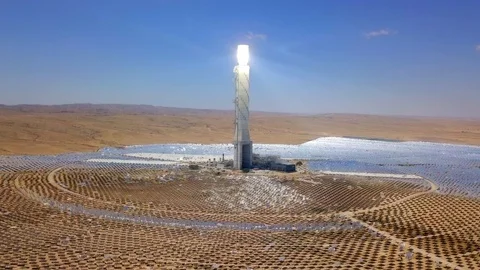 Solar power tower and mirrors - Aerial footage. Stock Footage 108640200