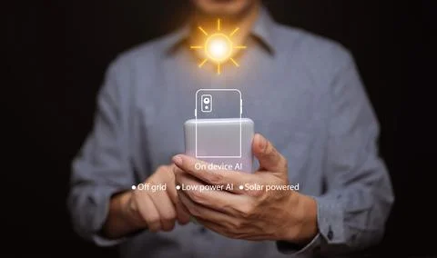 Solar powered AI concept in mobile technology. On device artificial intelli.. Foto stock