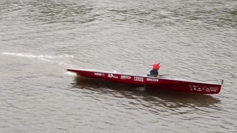 Solar-powered boat constructed by students on Vistula river. Stock Footage 155105557