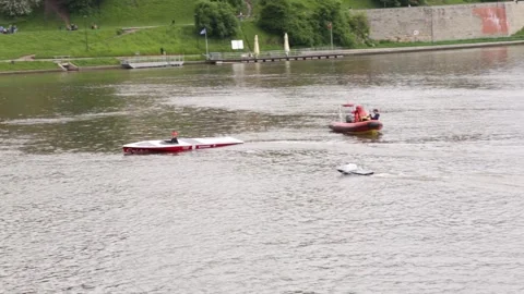 Solar-powered boat constructed by students on Vistula river. Stock Footage 155105691