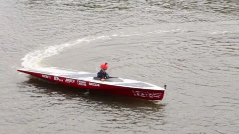 Solar-powered boat constructed by students on Vistula river. Stock Footage 155105758