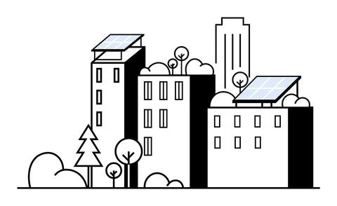 Solar-Powered City Buildings Emphasizing Sustainable Energy and Green Living Ilustración de archivo