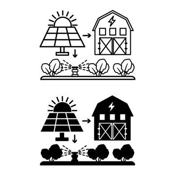 Solar Powered Farm System Icons. Line and Glyph Vector Illustrations. An Ag.. Illustrazione stock