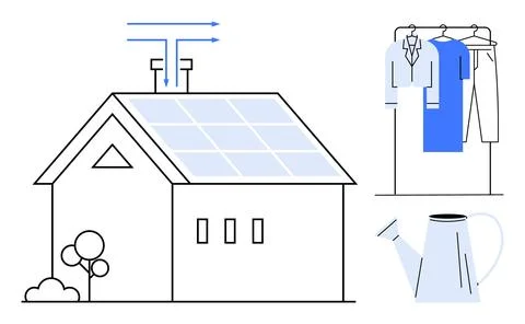 Solar-Powered Home with Energy Efficiency and Sustainable Living Elements Stock Illustration