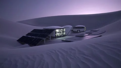 Solar-powered homes blend into desert landscape under twilight sky in a stunning Stock Footage 296194522