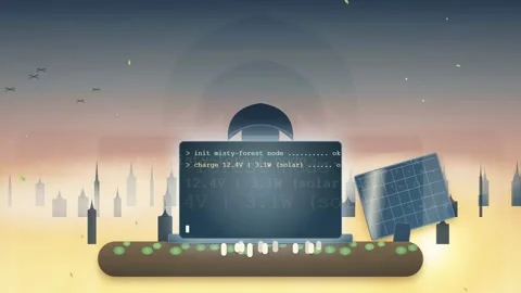 Solar Powered Laptop Terminal Hacking Code in Surreal Misty Forest Landscape Video stock 341455393
