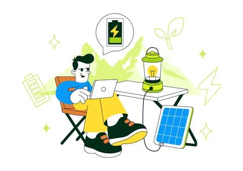 Solar Powered Outdoor Gear Vector Illustration Featuring Portable Solar Pan.. Stock Illustration