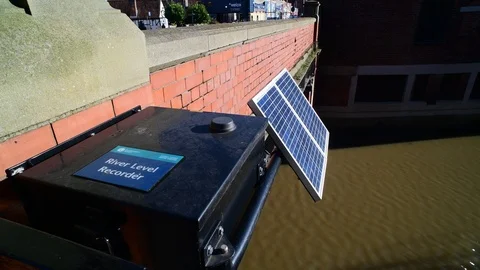 Solar powered river level recording instrument york uk Stock Footage 124637201