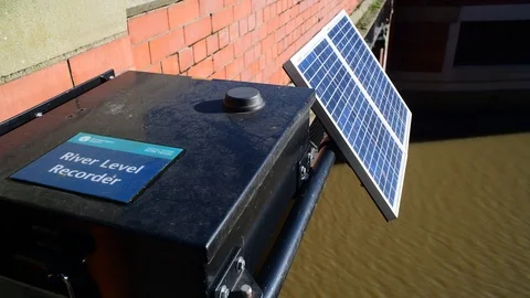 Solar powered river level recording instrument york uk Stock Footage 124637712