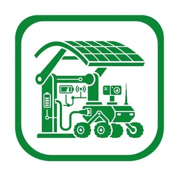 Solar powered robotic charging station and lunar rover vehicle green square.. Stock Illustration