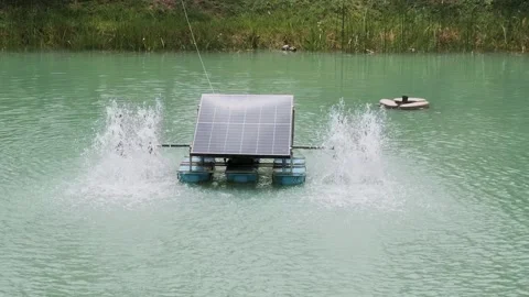 Solar-powered water aerator system with rotating paddles in a pond for Stock Footage 285381703