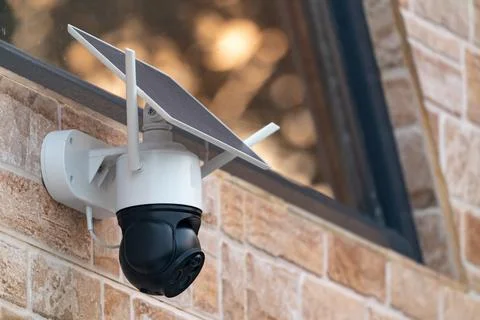 Solar powered wireless security camera on country house wall Stock Photos