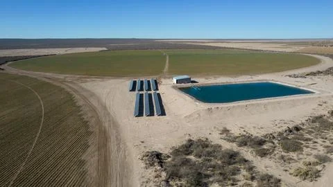 Solar pumping system, for irrigation in pivot plantations. In the desert of.. Stock Photos