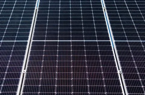 Solar PV. low angle view of solar panel. Renewable sustainable energy background Stock Photos