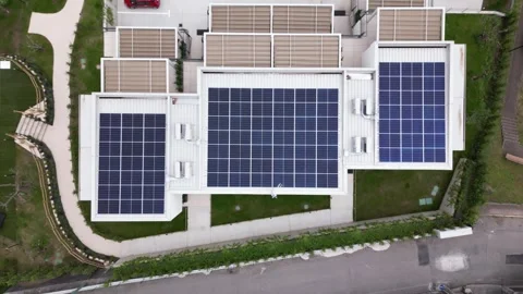 Solar Rooftop Aerial Overhead View Of Large Photovoltaic Array On White Stock Footage 310300083