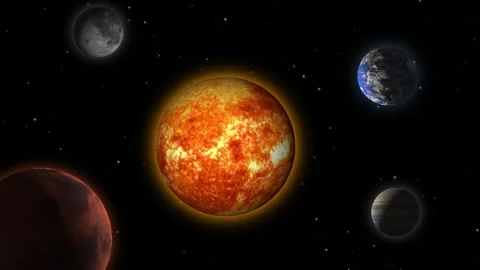 Solar system 3D render representation earth sun moon mars starry sky Stock Footage 331111681
