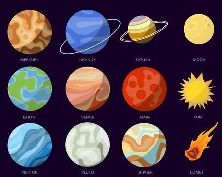 Solar system collection with sun moon comet and named planets on dark space. Stock Illustration