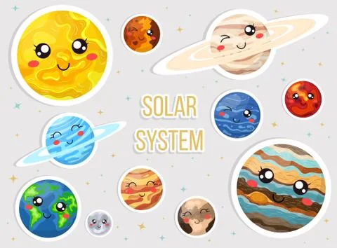 Solar system with cute cartoon planets. Cute planets with funny faces sticker Stock Illustration