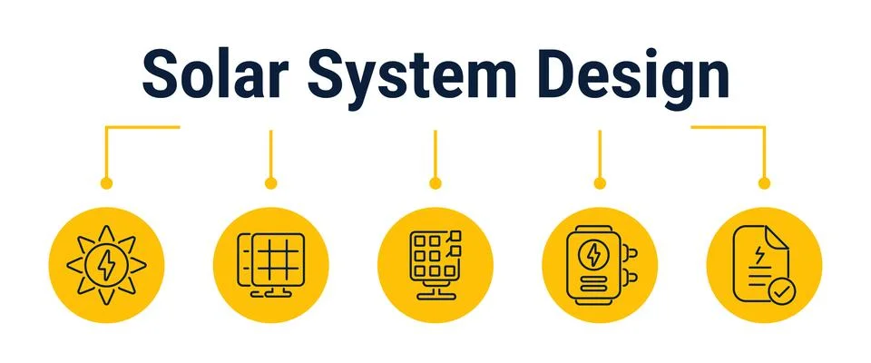 Solar system design and component selection workflow icons Stock Illustration