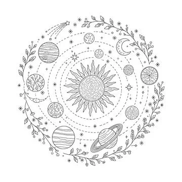 Solar System Embroidery Pattern, Celestial Space Hoop Art, Beginner Stock Illustration