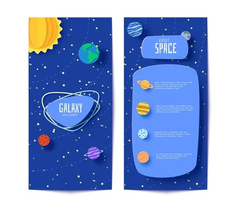 Solar system flyers in paper cut style. Cartoon planets, red polygonal rocket Stock Illustration
