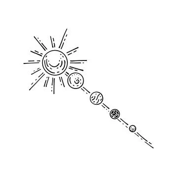 Solar system line art. Movement of planets and satellites around the sun. Spa Illustrazione stock