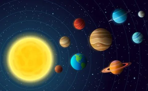 Solar system model with colorful planets at orbit and stars on sky イラスト素材