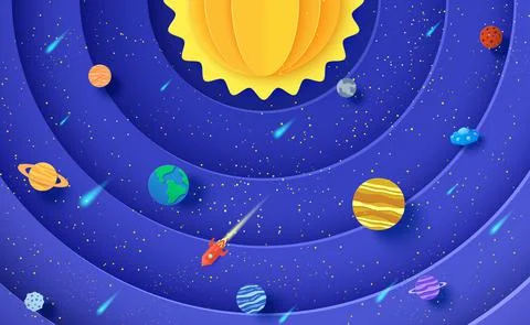 Solar system model in paper cut style. Round layers galaxy space with cartoon Stock Illustration