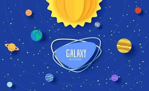 Solar system model in paper cut style. Cartoon planets, red polygonal rocket and Stock Illustration