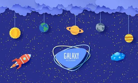 Solar system model in paper cut style. Cartoon planets, red polygonal rocket and Stock Illustration