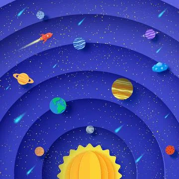 Solar system model in paper cut style. Round layers galaxy space with cartoon Stock-Illustration