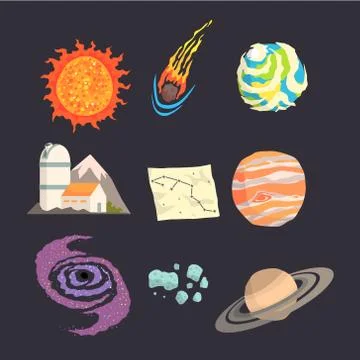 Solar system objects set. Colorful collection of cosmos, planetary science Stock Illustration