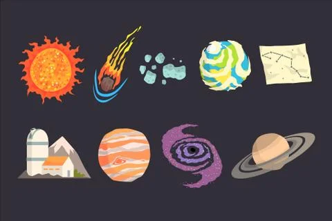 Solar system objects set. Colorful collection of cosmos, planetary science Stock Illustration