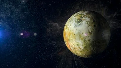 Solar system planet Io on nebula background 3d rendering. Illustrazione stock