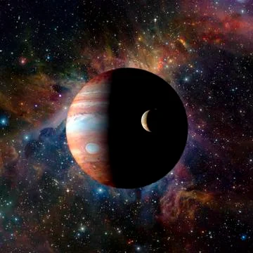 Solar system planet Jupiter on nebula background. Stock Illustration