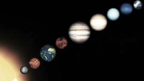 Solar system planets aligned with sun in starry space animation Stock Footage 335489042