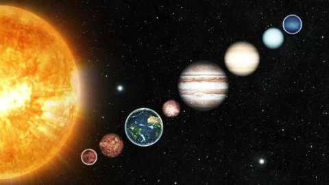Solar system planets aligned with the sun in space animation Stock Footage 335489043