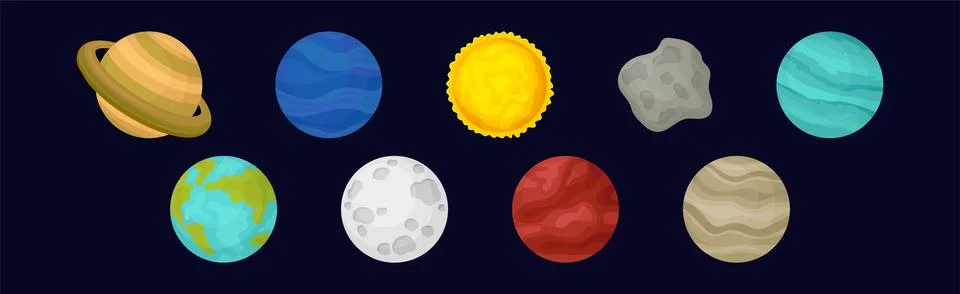 Solar System Planets and Celestial Body Vector Set Illustrazione stock