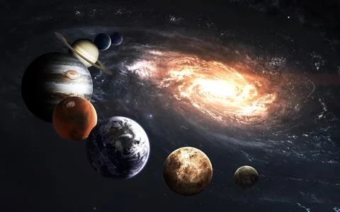 Solar system planets and Milky way, awesome science fiction wallpaper. Elements Stock-Illustration