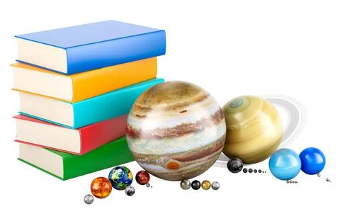 Solar system planets and stack of books. 3D rendering Stock Illustration