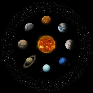 Solar system planets and Sun isolated on black. Stock Photos