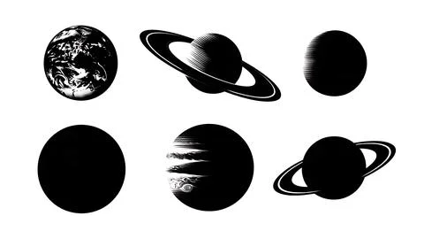 Solar System Planets Black Solid Silhouette Collection Stockillustratie