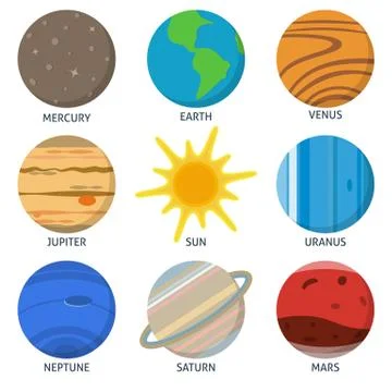 Solar system planets icon set in flat style Stock Illustration