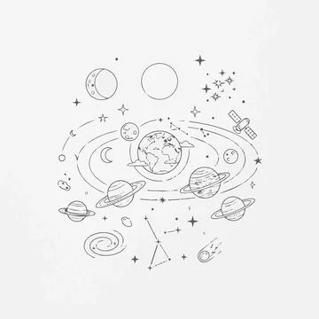 Solar system planets illustration, space doodle with earth and stars Silhouet Stock Illustration